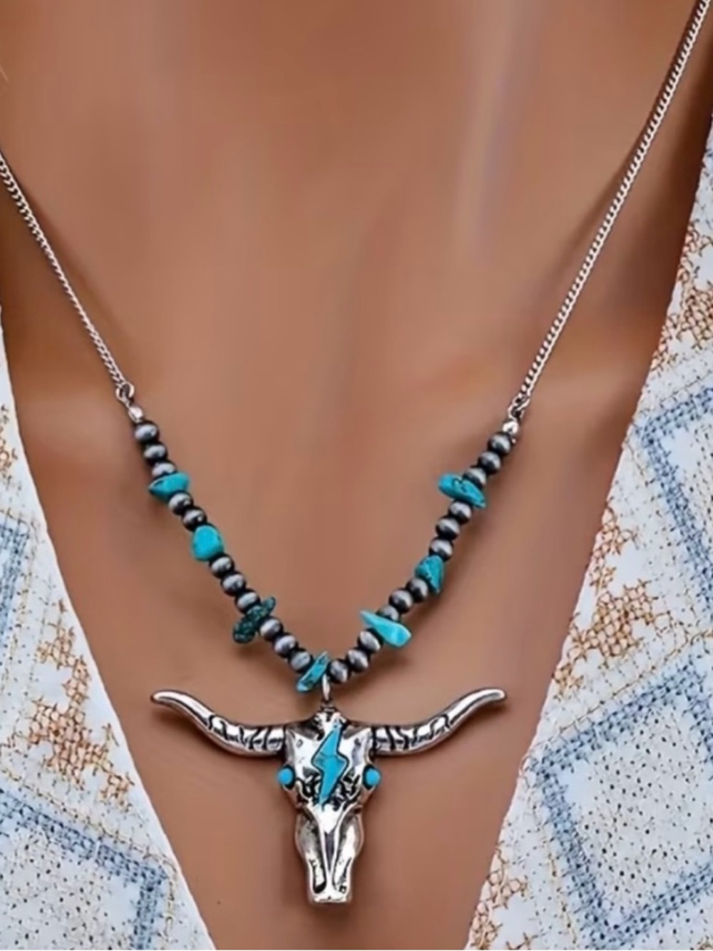Turquoise Bead Longhorn Pendant Necklace - Women Jewelry NWOT
